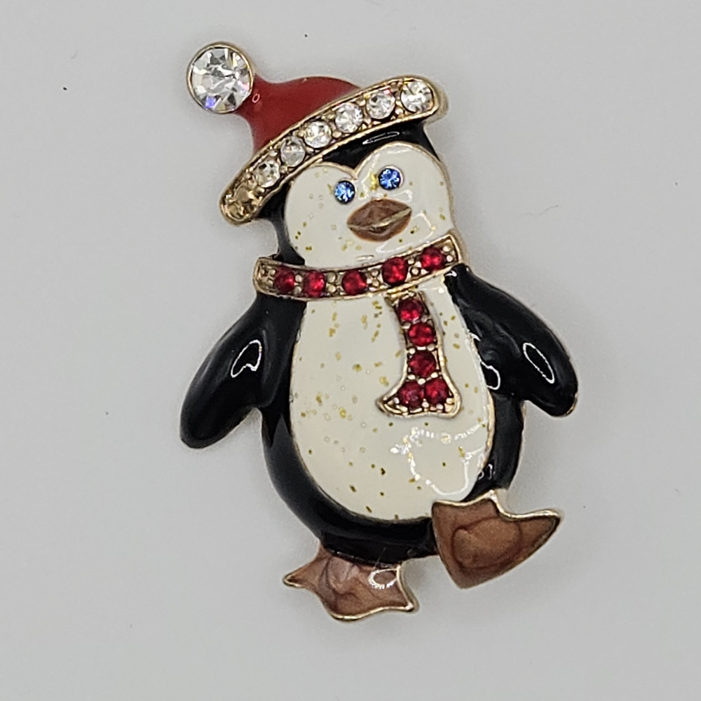 Festive Penguin Enamel And Rhinestone Brooch with Red Hat And Scarf